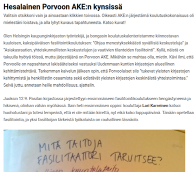 kuvakaappaus Elina Suikasen tekstistä Uudenmaan kirjastojen nettisivuilla.